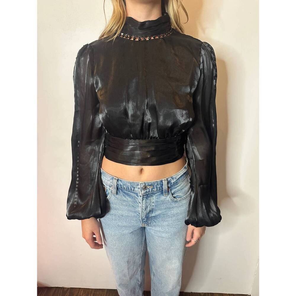 NEW MAINSTRIP elise backless cropped sleeve blouse in black